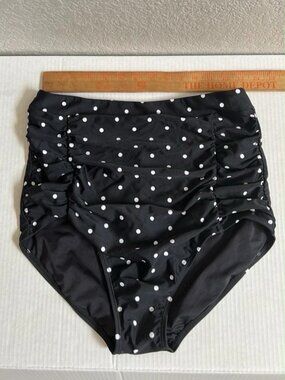 NWT Relleciga Swim High Waisted Ruched Bikini Bottom Black/White Polka Dots XL